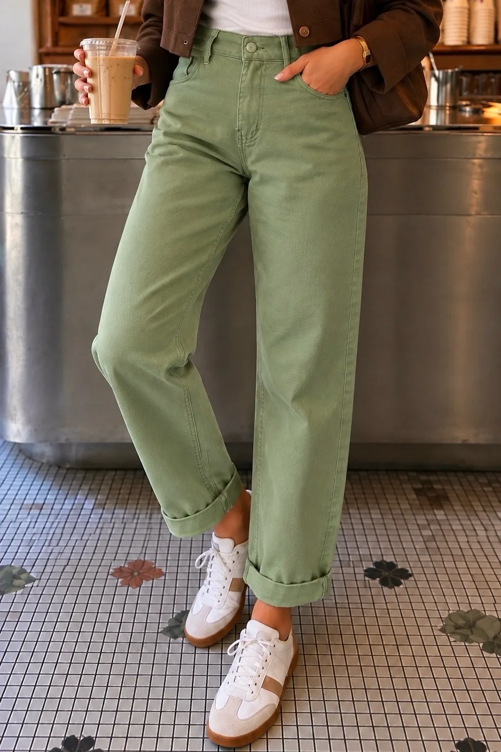 Paçası Katlamalı Mom Pantolon MA10095 Yeşil